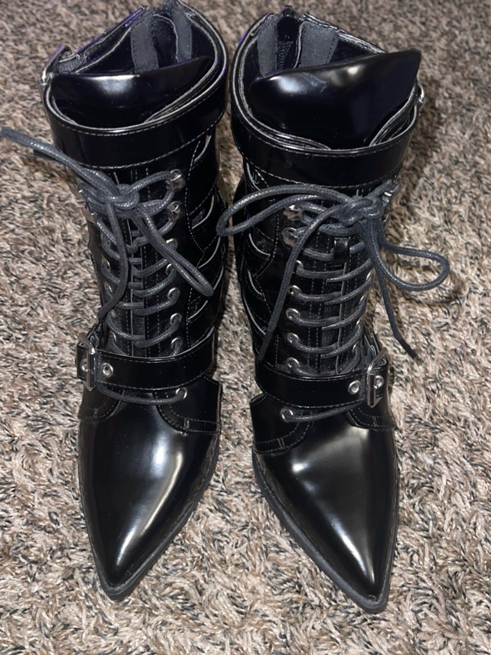 Wild Diva Black Pointed Lace-Up Ankle Boots with Buckle